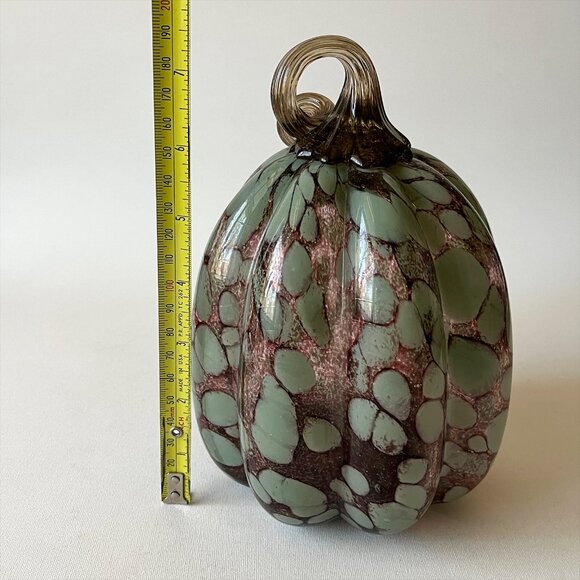 Hand Blown Art Glass Green Confetti Spotted Dots Pumpkin - Picture 4 of 5